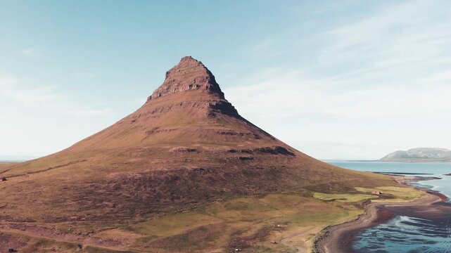 Aerial panoramic view of Kirkjufell mountain landscape in Iceland, drone viewpoint