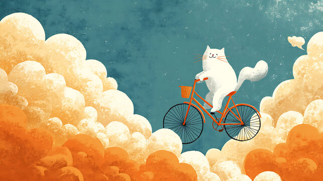 A white cat riding an orange bicycle through fluffy clouds in the sky