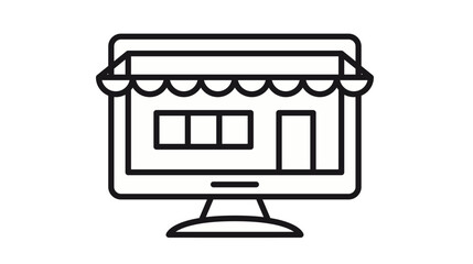 Black line vector icon illustration of a computer monitor with a shop awning and storefront on the screen, symbolizing online shopping, e-commerce, digital retail, and internet business. © Mofakharul Shanto