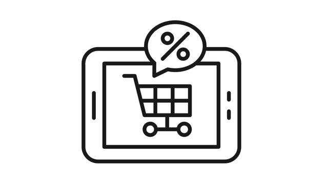 Mobile shopping discount vector icon illustration featuring a tablet screen with a shopping cart and a percentage symbol speech bubble, representing online sales and e-commerce promotions.