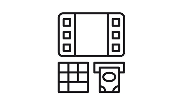 Black line vector icon illustration of an automated teller machine ATM with screen keypad and cash dispenser withdrawing a banknote isolated on white background for banking and finance design