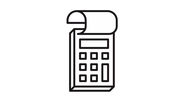 Minimalist black vector icon illustration of a calculator with a paper receipt roll, symbolizing accounting, finance, billing, tax calculation, and business transactions on a white background.