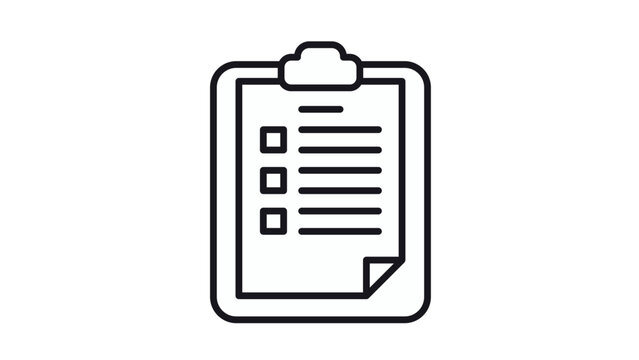 Minimalist black line art vector icon of a clipboard with a checklist and checkboxes on a piece of paper, representing tasks, surveys, reports, or business documentation for professional use.