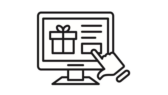 Online gift shopping vector icon illustration. Black line art symbol of a computer monitor displaying a gift box with a hand clicking a button, representing e-commerce and digital presents.