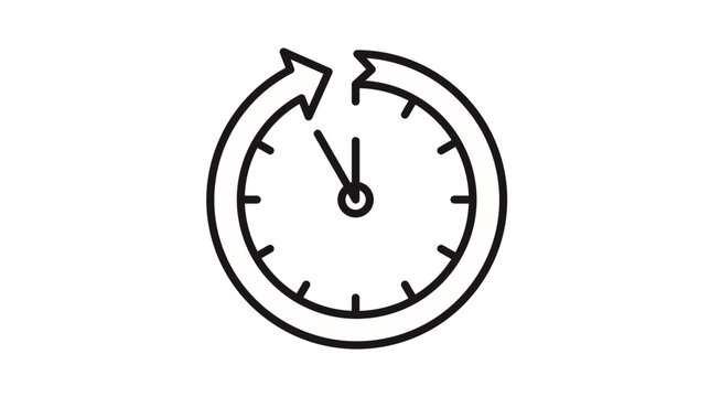 Minimalist black vector icon illustration of a clock face with a circular arrow pointing counter-clockwise, symbolizing history, rewind, past time, duration, or a countdown timer symbol.