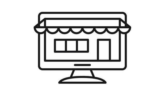Black line vector icon illustration of a computer monitor with a shop awning and storefront on the screen, symbolizing online shopping, e-commerce, digital retail, and internet business.