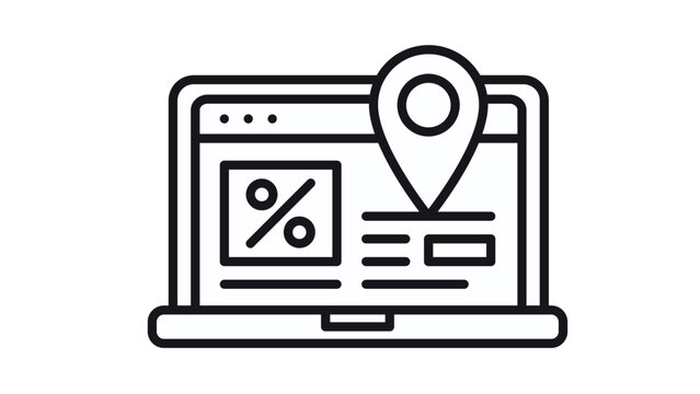 Minimalist black vector icon illustration of a laptop computer screen displaying a percentage discount sign and a map pin location marker, symbolizing local online shopping deals and e-commerce.