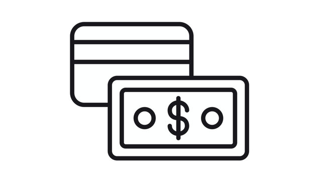 Minimalist black line vector icon illustration of a credit card and dollar bill representing payment methods, finance, banking, and commerce transactions on a white background.