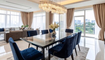 Fototapeta premium Luxury dining room with blue chairs and city view