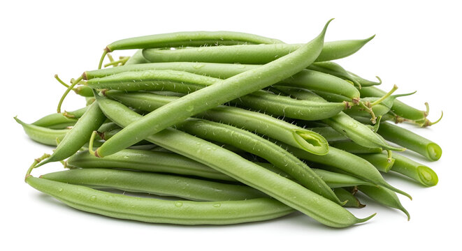 Fresh organic green beans stacked in a pile isolated on white background showing healthy natural food for vegetarian cooking diets