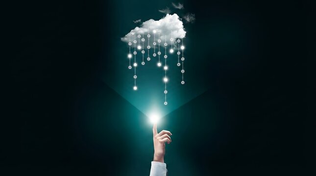 A hand reaching up to touch a glowing cloud with data icons falling from it