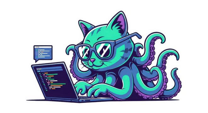 Intelligent cat octopus hybrid wearing glasses works on a laptop computer to write code.