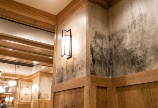 A close-up view reveals a textured wall with a striking pattern of mold growth contrasted against warm-toned wooden paneling and a modern wall sconce.