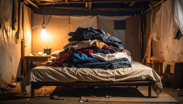 A large pile of neatly folded, tattered, and patched clothing stacked high on a bed in a dimly lit room