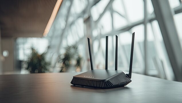 A modern black wireless router stands prominently on a wooden surface in a blurred, contemporary interior.