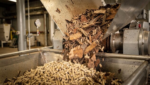 Closeup medium shot of bark offcuts funneled into a pelleting machine highlighting the transformation process for biomass fuel production.