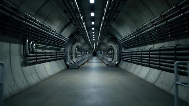 Industrial corridor with metallic structures and overhead lighting