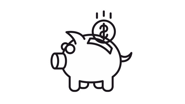 Minimalist black vector icon illustration of a piggy bank with a coin being dropped into the slot, representing savings, finance, investment, banking, and personal budget management.
