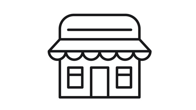 Minimalist black line vector icon illustration of a storefront shop or small retail business building featuring a scalloped awning, central door, and display windows, isolated on white background.