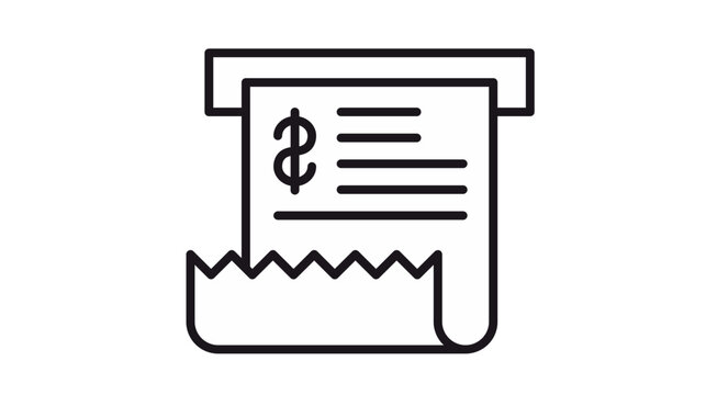 Black line vector icon of a paper receipt with a dollar sign coming out of a payment terminal or ATM machine, isolated on a white background for business, finance, and commerce design.