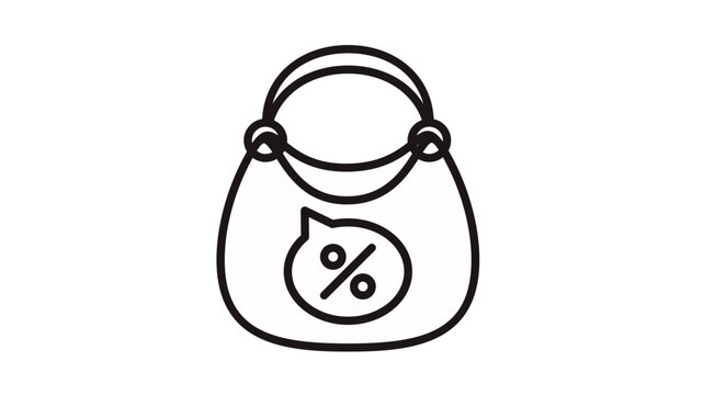 Black vector icon of a stylish handbag or purse featuring a percent discount symbol inside a speech bubble, perfect for e-commerce, shopping deals, and retail sales promotion illustrations.