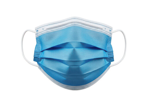 A light blue three ply surgical face mask with white elastic ear loops on transparent background