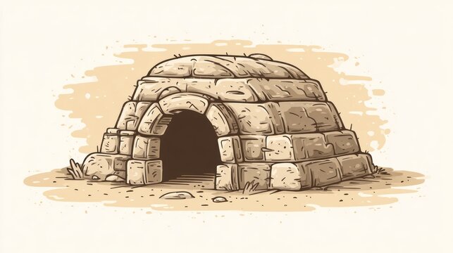 Illustrated igloo structure on sandy ground with sepia tones and overhead lighting