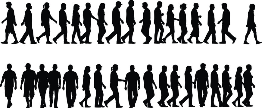 People walking silhouettes collection, diverse men and women crowd figures in motion, pedestrian side view set vector illustration isolated