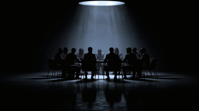 Silhouettes of People Sitting at Round Table under Single Spotlight