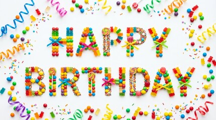 Fototapeta premium Happy Birthday Concept Made from Colorful Candies and Sprinkles Flat Lay Background
