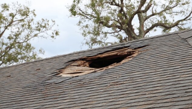 A damaged asphalt shingle roof exhibits a significant hole, revealing the underlying wooden structure against a backdrop of trees and a cloudy sky.