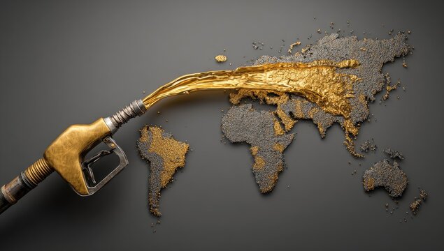 A golden fuel nozzle pours liquid over a fragmented world map, symbolizing global energy dependence.