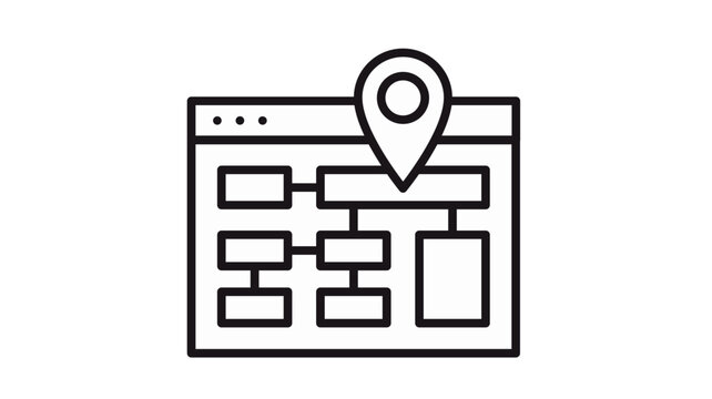 Black vector icon of a browser window displaying a website sitemap or flowchart with a location pin map marker on top, representing web navigation, site architecture, and SEO optimization.