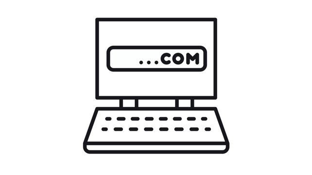 Minimalist black line vector icon illustration of a laptop computer with a web address bar on the screen featuring a dot com domain, ideal for internet browsing and website development concepts.