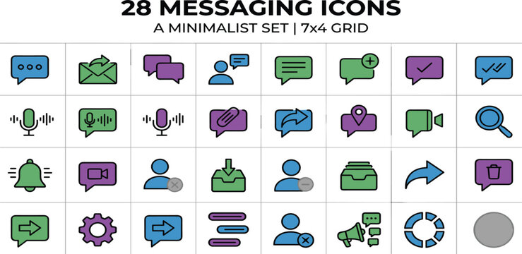 A Minimalist Set of 28 Messaging Icons in a 7x4 Grid, Featuring Communication and Social Media Symbols