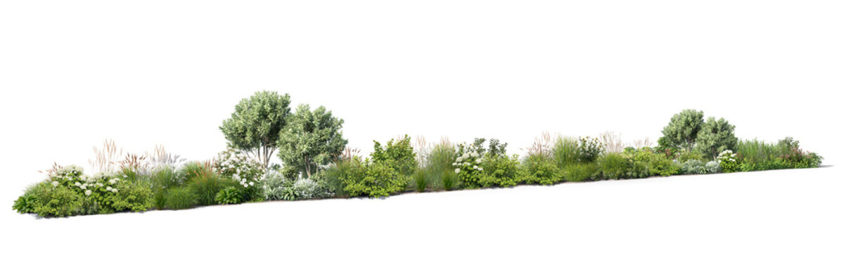 Green space with bushes, trees, and flowers, isolated on white and transparent area