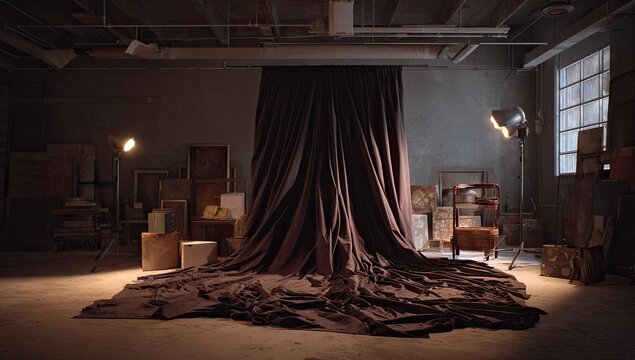 A dramatic studio setup features draped fabric and vintage props under bright lights.