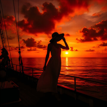 young woman in a bort in sunrise of rad sky