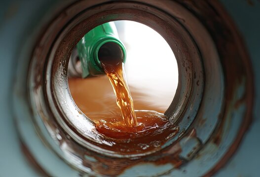 A close-up view inside a pipe shows a green bottle pouring a viscous, amber-colored liquid into the dark interior, highlighting the industrial process.