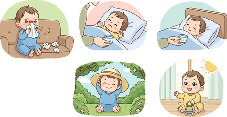 Fototapeta premium Cartoon Sick Baby and Recovery Illustration Set Featuring Baby with Cold, Mom Providing Care, and Baby Recovered and Playing for Health, Parenting, and Family Care Designs