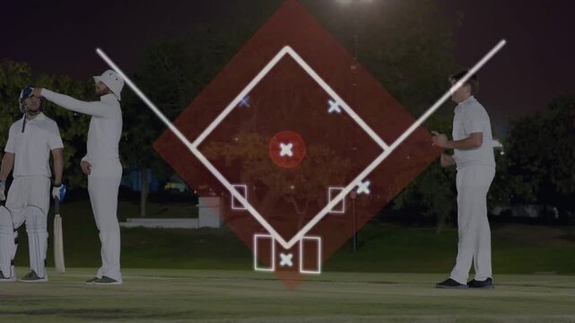 Cricket bowler running, bowling, overlay aligning pitch tracing yellow path to red target tactics