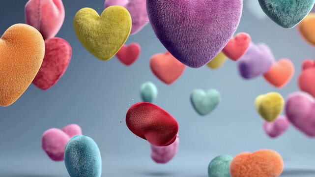 Colorful hearts float gently in a soft gradient background, creating a joyful and whimsical atmosphere in a creative digital art piece