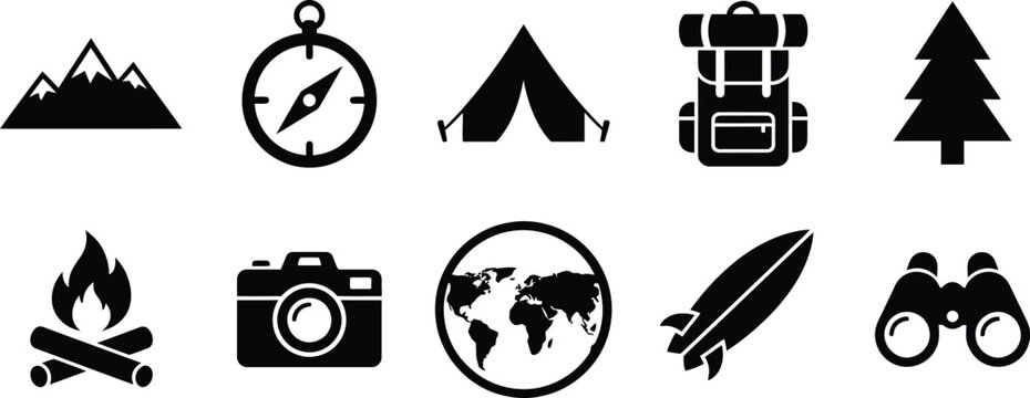 Black and white set of travel and adventure icons on white background