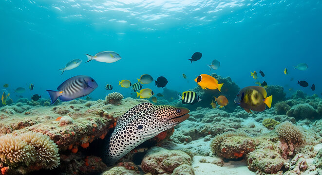 Vibrant coral reef teeming with diverse fish species on transparent background