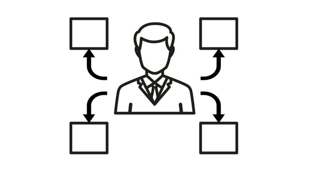 Vector icon illustration of a businessman managing multiple tasks or delegating responsibilities, featuring a central figure with arrows pointing to four boxes, minimalist black line art symbol.