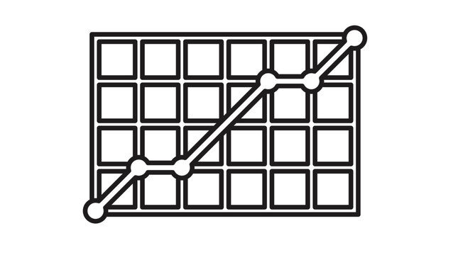 Black vector icon illustration of a line graph showing an upward trend over a grid background, representing business growth, financial success, data analytics, and positive progress.