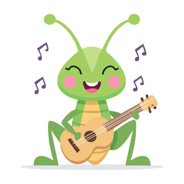 Creative cricket character playing a wooden guitar for musical insect theme and children education about sounds in nature and garden wildlife for young kids