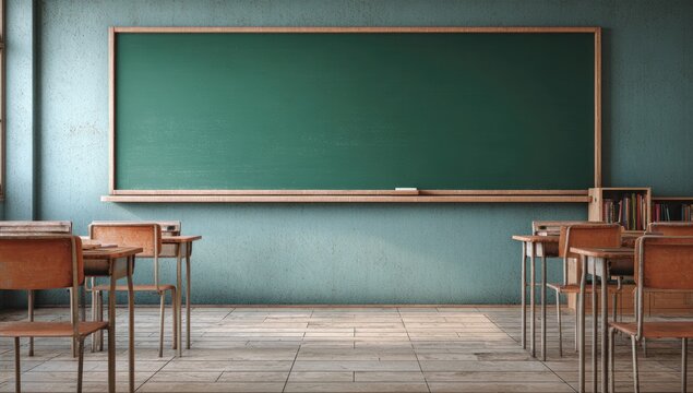 An empty classroom with wooden desks and a large green chalkboard stands ready for students and learning.