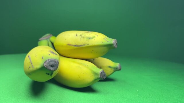 Bunch of ripe yellow Saba bananas on a bright green background for healthy food concept photography