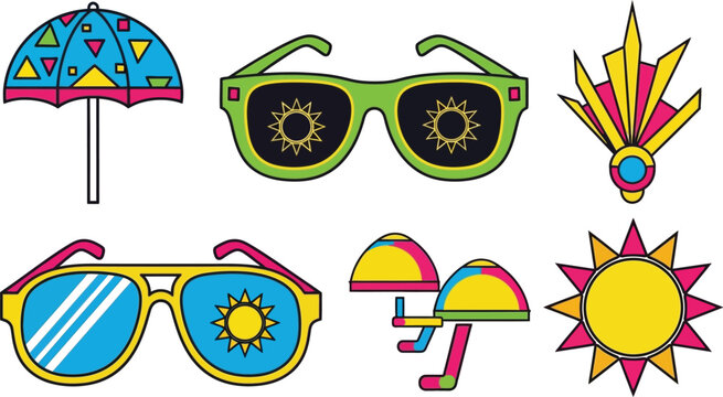 Vibrant summer accessories and symbols in a playful retro style Vector